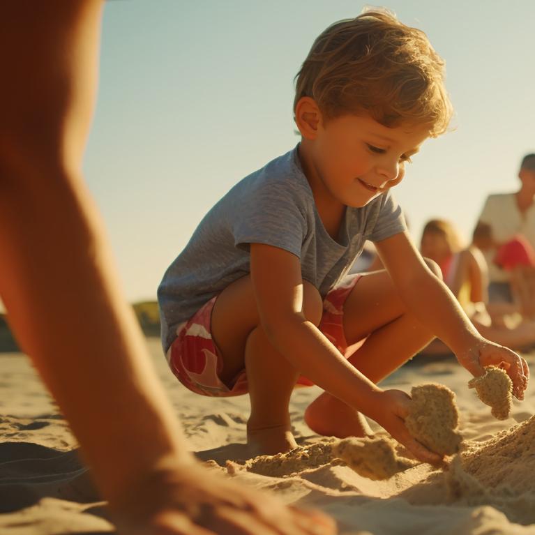 Happy child builds a sandcastle at sunset, warm and joyful atmosphere.